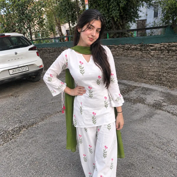 White_Cotton_Scatter_Floral_Print_Straight_Kurta_With_Palazzo_And_Olive_Green_Dupatta_Set