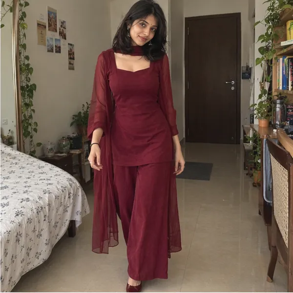 Wine_Red_Square_Neck_Straight_Kurta_With_Sheer_Net_Sleeves_And_Dupatta_Set
