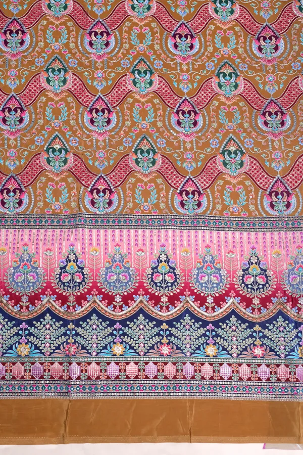 Natural_Crepe_Camel_Brown_Floral_Geometric_Placement_Print_Fabric_With_Ornamental_Panel_Border