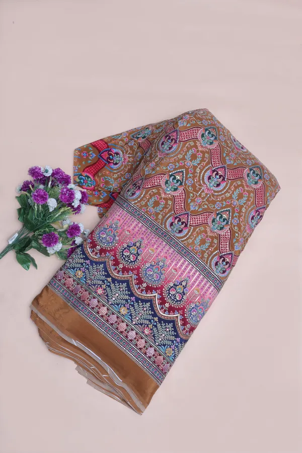Natural_Crepe_Camel_Brown_Floral_Geometric_Placement_Print_Fabric_With_Ornamental_Panel_Border