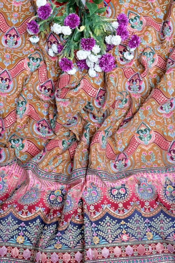 Natural_Crepe_Camel_Brown_Floral_Geometric_Placement_Print_Fabric_With_Ornamental_Panel_Border