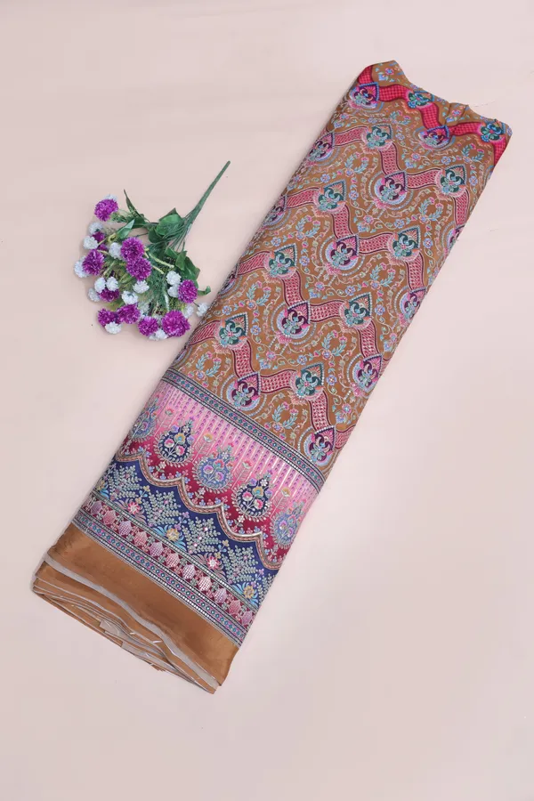 Natural_Crepe_Camel_Brown_Floral_Geometric_Placement_Print_Fabric_With_Ornamental_Panel_Border