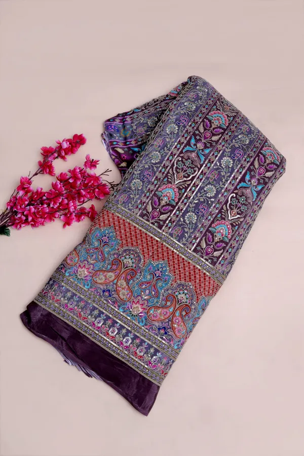 Wine_Floral_Stripe_Placement_Print_Fabric_With_Ornamental_Border
