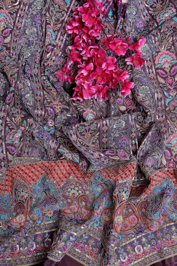 Wine_Floral_Stripe_Placement_Print_Fabric_With_Ornamental_Border
