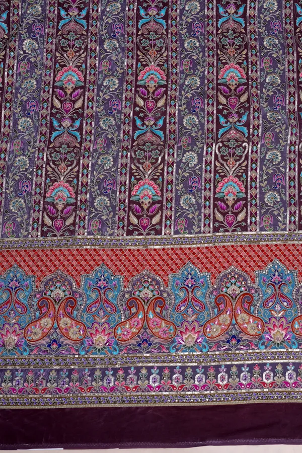 Wine_Floral_Stripe_Placement_Print_Fabric_With_Ornamental_Border