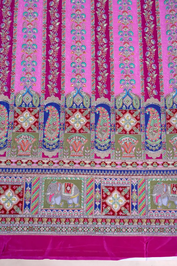 Natural_Crepe_Rani_Pink_Floral_Stripe_Placement_Print_Fabric_With_Ornamental_Border