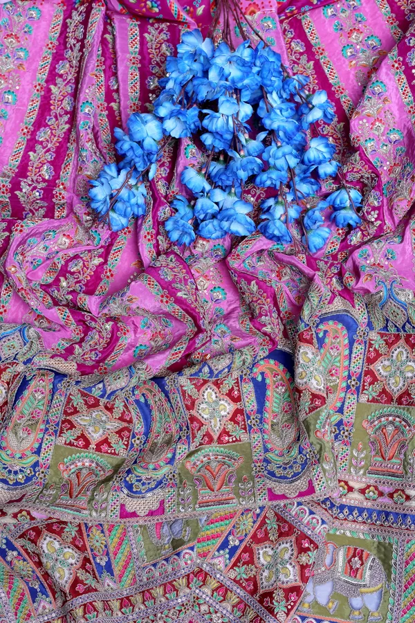 Natural_Crepe_Rani_Pink_Floral_Stripe_Placement_Print_Fabric_With_Ornamental_Border