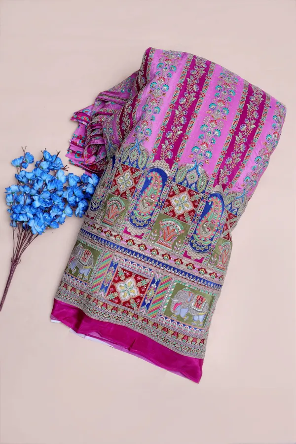 Natural_Crepe_Rani_Pink_Floral_Stripe_Placement_Print_Fabric_With_Ornamental_Border
