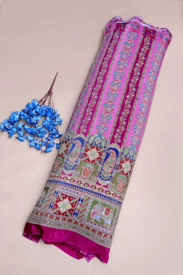 Natural_Crepe_Rani_Pink_Floral_Stripe_Placement_Print_Fabric_With_Ornamental_Border