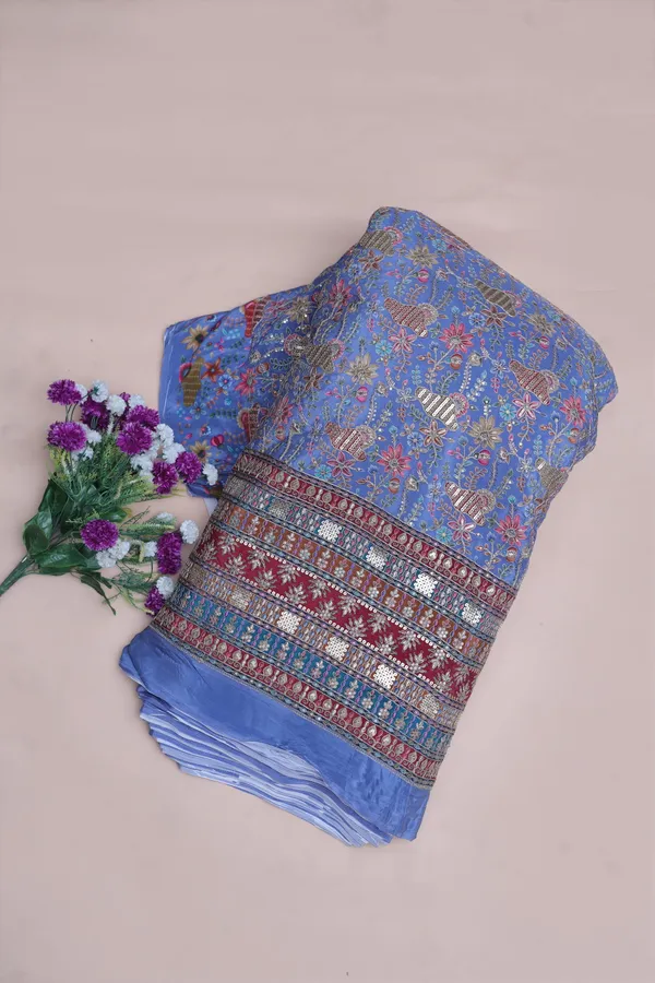Natural_Crepe_Periwinkle_Blue_Floral_Buta_Placement_Print_Fabric_With_Heavy_Ornamental_Border