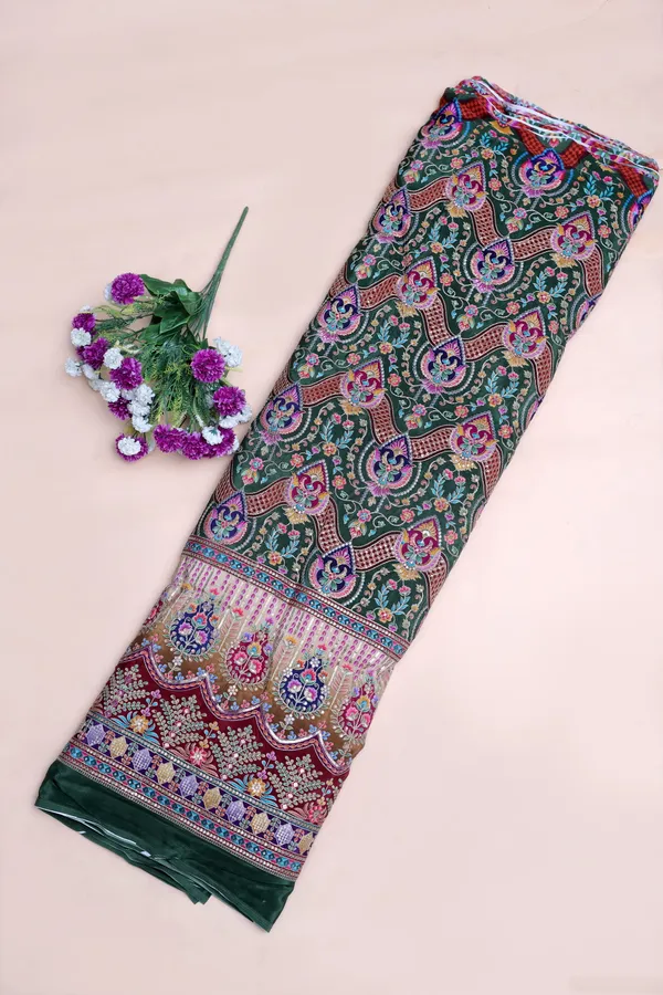 Natural_Crepe_Bottle_Green_Floral_Geometric_Placement_Print_Fabric_With_Ornamental_Panel_Border