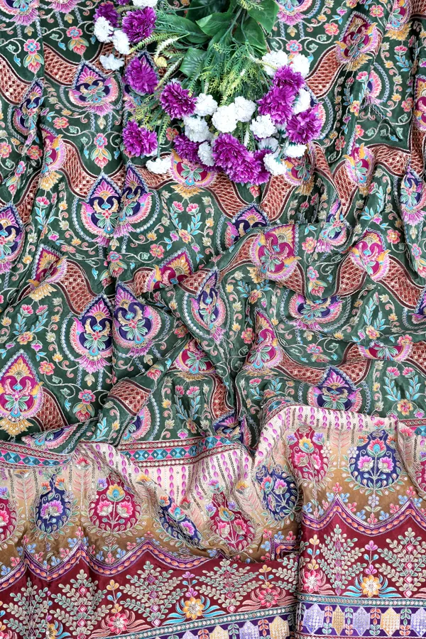 Natural_Crepe_Bottle_Green_Floral_Geometric_Placement_Print_Fabric_With_Ornamental_Panel_Border