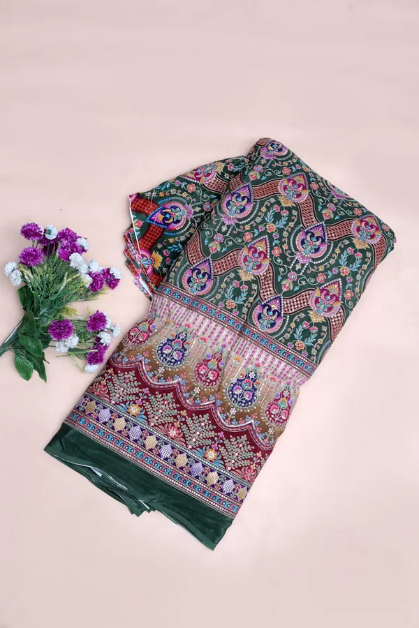 Natural_Crepe_Bottle_Green_Floral_Geometric_Placement_Print_Fabric_With_Ornamental_Panel_Border