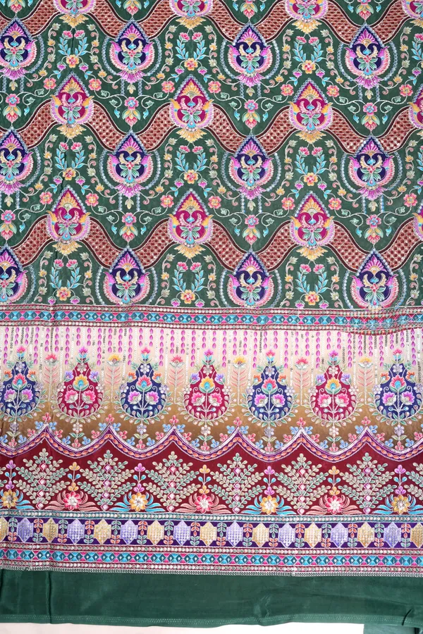 Natural_Crepe_Bottle_Green_Floral_Geometric_Placement_Print_Fabric_With_Ornamental_Panel_Border