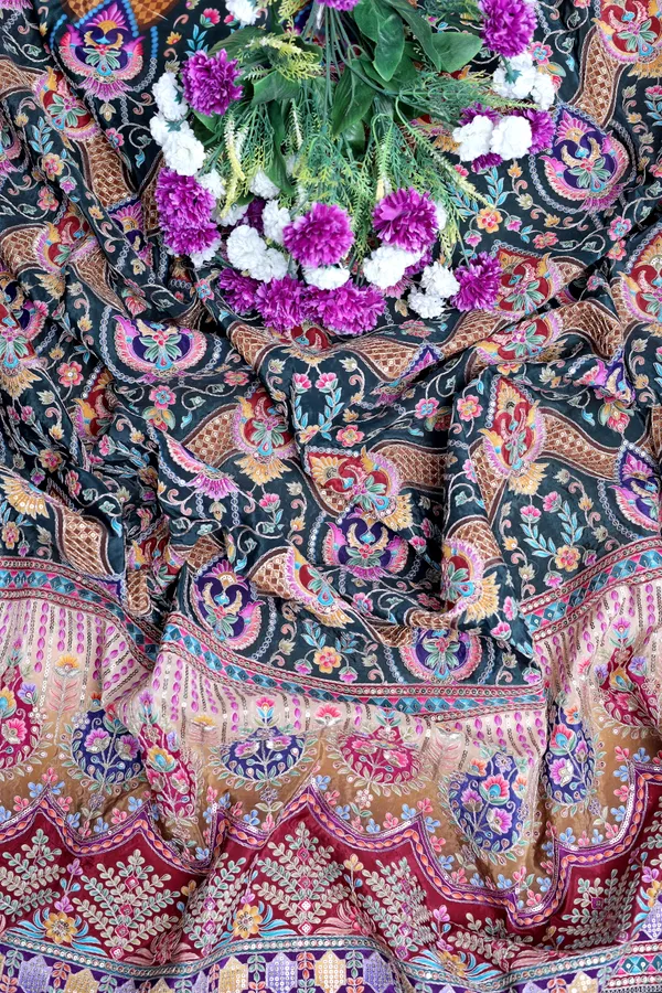 Natural_Crepe_Charcoal_Black_Floral_Geometric_Placement_Print_Fabric_With_Ornamental_Panel_Border