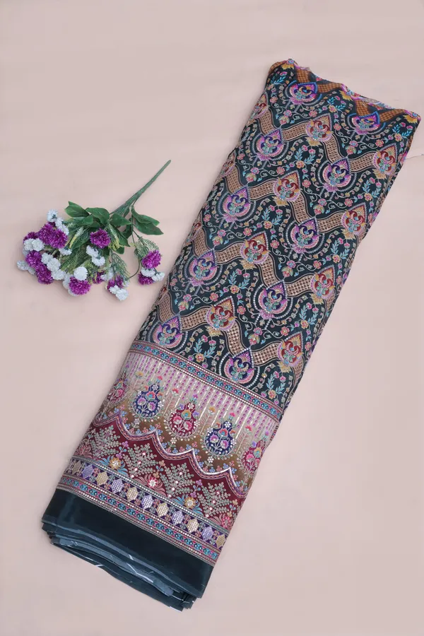 Natural_Crepe_Charcoal_Black_Floral_Geometric_Placement_Print_Fabric_With_Ornamental_Panel_Border
