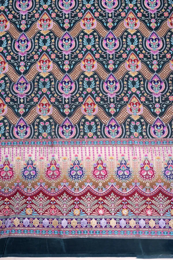 Natural_Crepe_Charcoal_Black_Floral_Geometric_Placement_Print_Fabric_With_Ornamental_Panel_Border