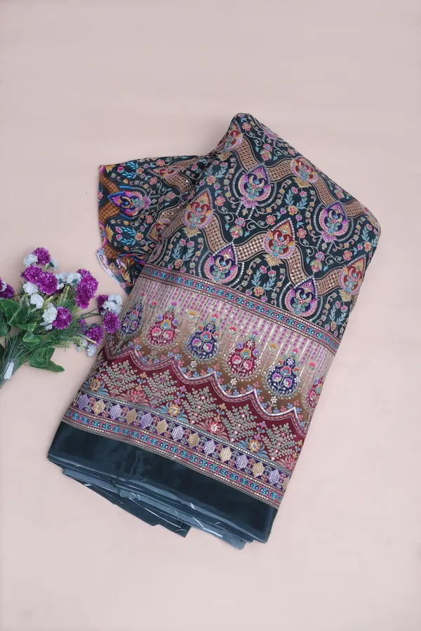 Natural_Crepe_Charcoal_Black_Floral_Geometric_Placement_Print_Fabric_With_Ornamental_Panel_Border