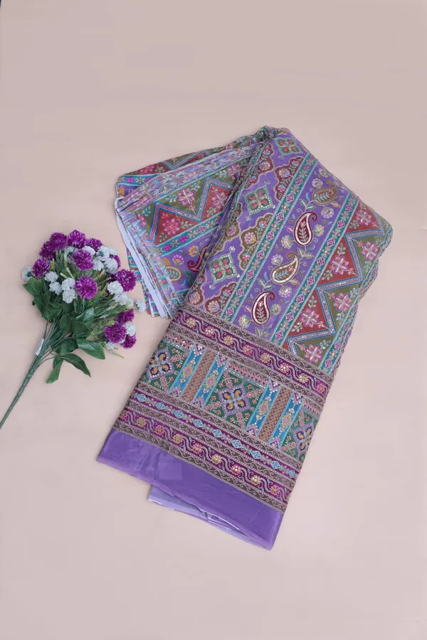 Natural_Crepe_Lavender_Purple_Geometric_Ethnic_Placement_Print_Fabric_With_Paisley_Ornamental_Border