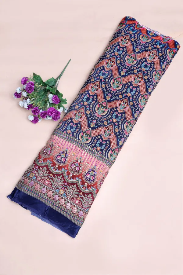 Natural_Crepe_Navy_Blue_Floral_Geometric_Placement_Print_Fabric_With_Ornamental_Panel_Border