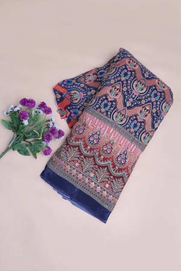 Natural_Crepe_Navy_Blue_Floral_Geometric_Placement_Print_Fabric_With_Ornamental_Panel_Border