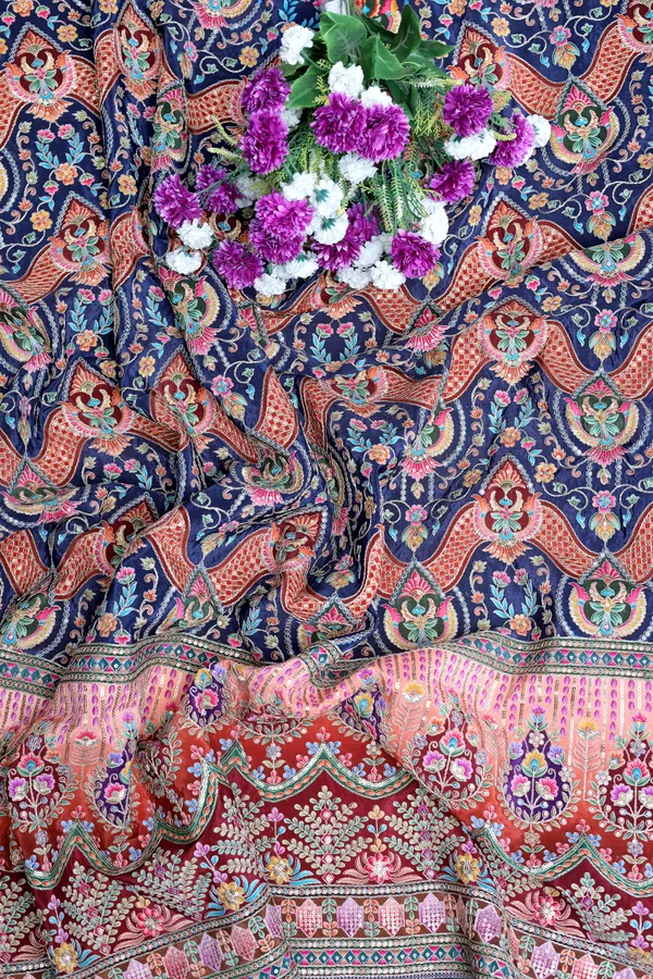 Natural_Crepe_Navy_Blue_Floral_Geometric_Placement_Print_Fabric_With_Ornamental_Panel_Border