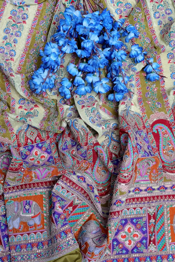 Natural_Crepe_Camel_Brown_Floral_Stripe_Placement_Print_Fabric_With_Ornamental_Border