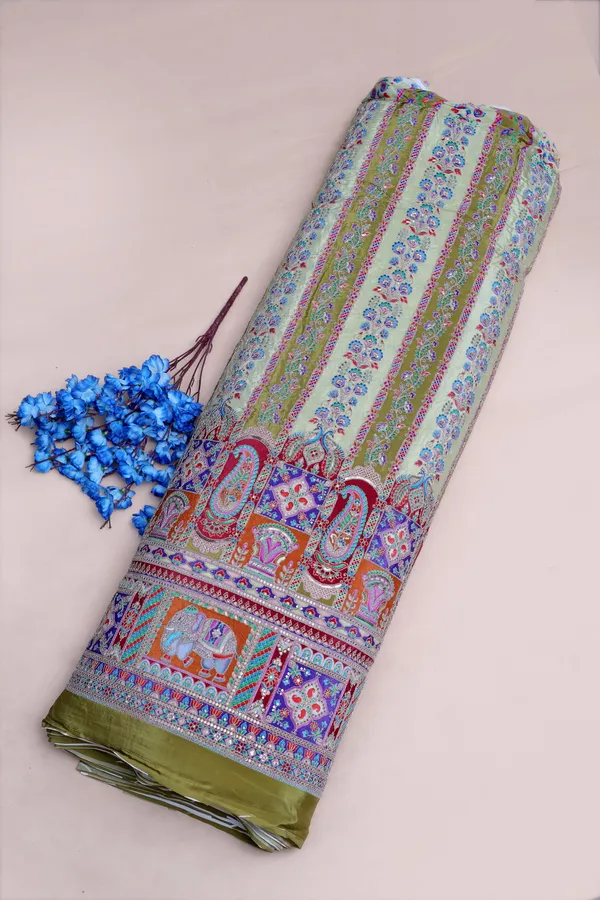 Natural_Crepe_Camel_Brown_Floral_Stripe_Placement_Print_Fabric_With_Ornamental_Border