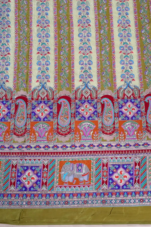 Natural_Crepe_Camel_Brown_Floral_Stripe_Placement_Print_Fabric_With_Ornamental_Border