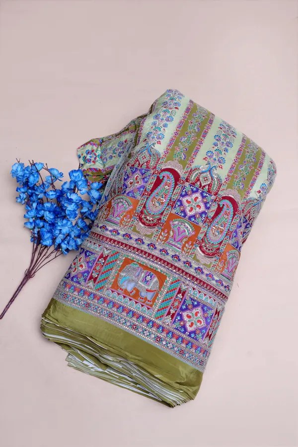 Natural_Crepe_Camel_Brown_Floral_Stripe_Placement_Print_Fabric_With_Ornamental_Border