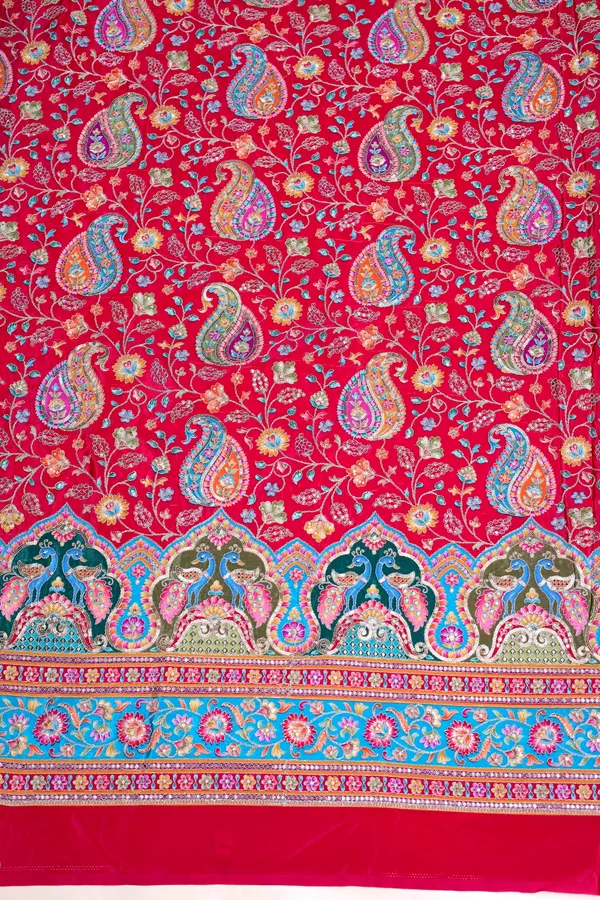 Natural_Crepe_Rani_Pink_Paisley_Floral_Placement_Print_Fabric_With_Ornamental_Border