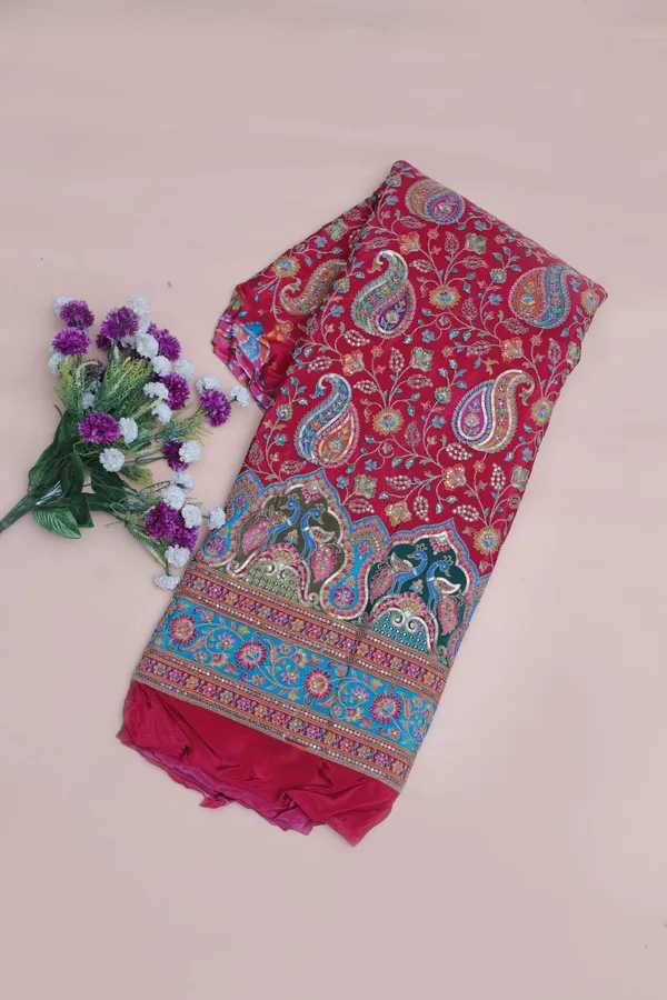 Natural_Crepe_Rani_Pink_Paisley_Floral_Placement_Print_Fabric_With_Ornamental_Border