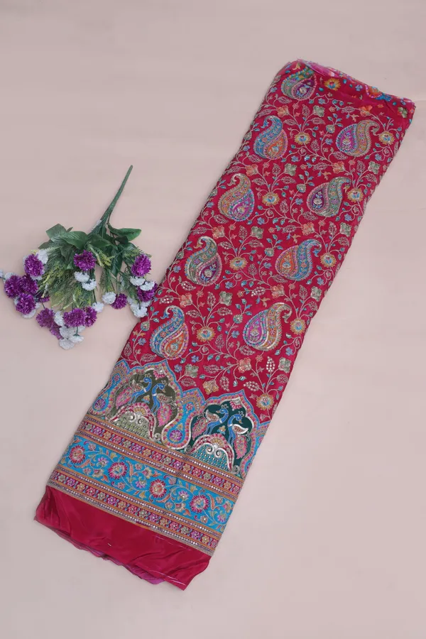 Natural_Crepe_Rani_Pink_Paisley_Floral_Placement_Print_Fabric_With_Ornamental_Border