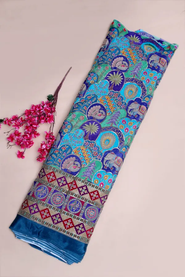 Natural_Crepe_Rani_Pink_Floral_Buta_Placement_Print_Fabric_With_Heavy_Ornamental_Border