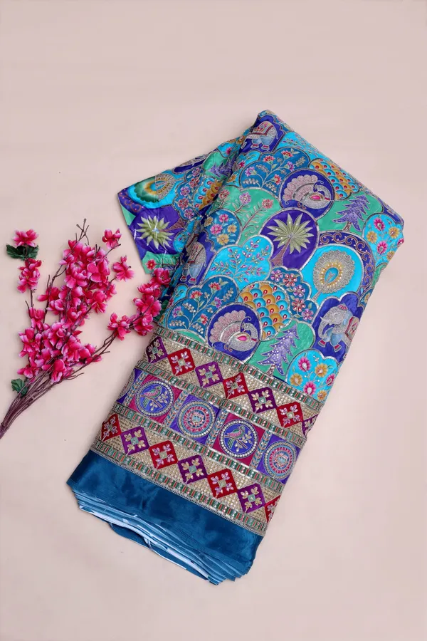 Natural_Crepe_Rani_Pink_Floral_Buta_Placement_Print_Fabric_With_Heavy_Ornamental_Border