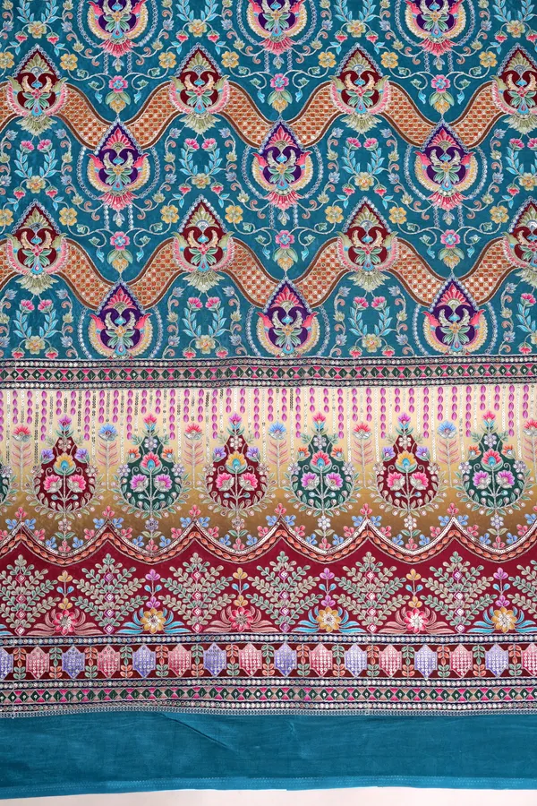 Natural_Crepe_Teal_Blue_Floral_Geometric_Placement_Print_Fabric_With_Ornamental_Panel_Border