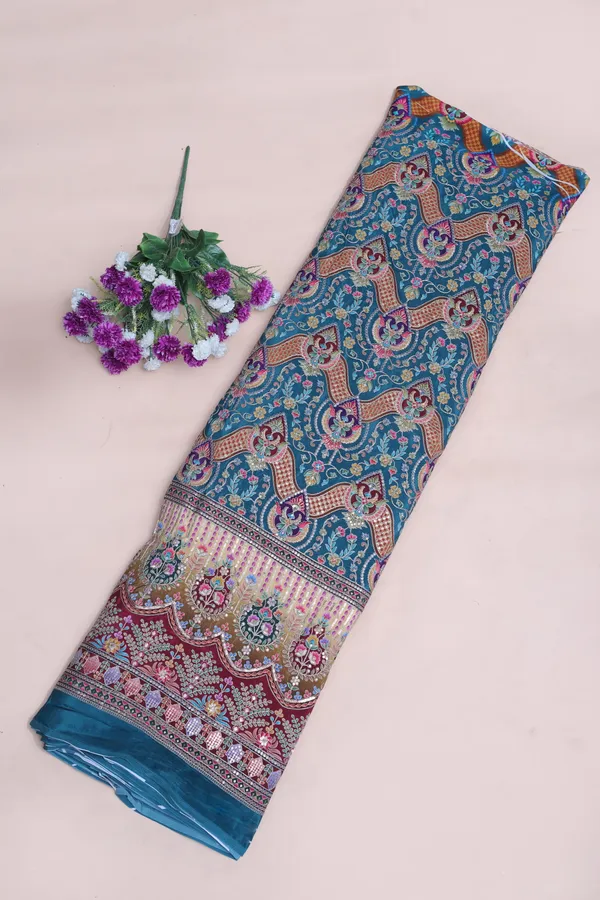 Natural_Crepe_Teal_Blue_Floral_Geometric_Placement_Print_Fabric_With_Ornamental_Panel_Border