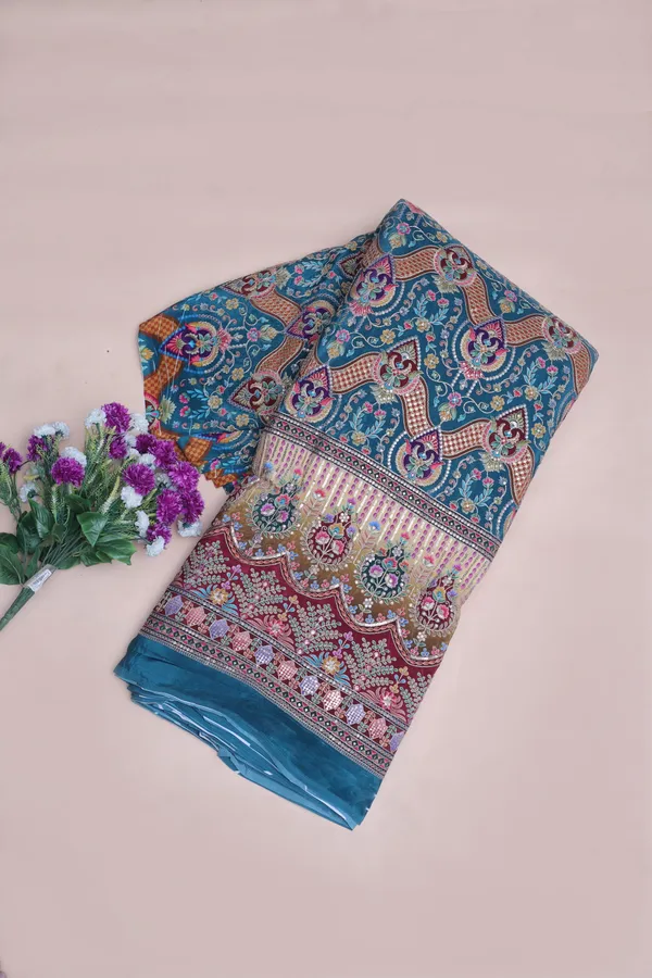 Natural_Crepe_Teal_Blue_Floral_Geometric_Placement_Print_Fabric_With_Ornamental_Panel_Border