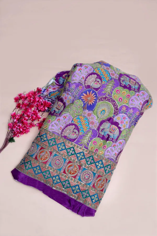 Natural_Crepe_Periwinkle_Blue_Floral_Buta_Placement_Print_Fabric_With_Heavy_Ornamental_Border