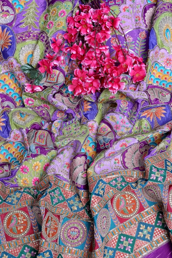 Natural_Crepe_Periwinkle_Blue_Floral_Buta_Placement_Print_Fabric_With_Heavy_Ornamental_Border
