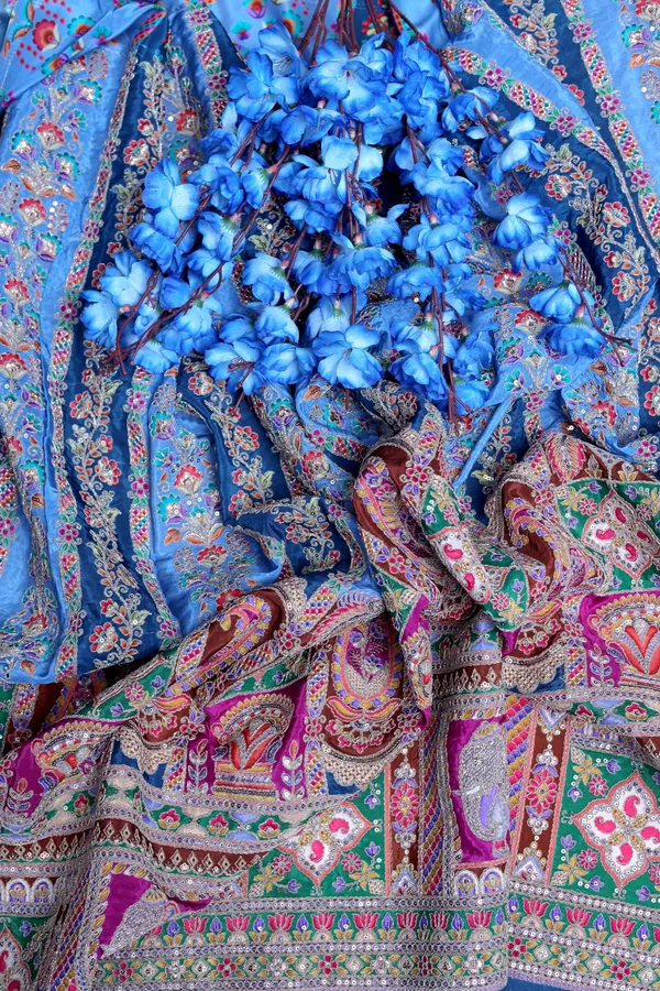 Natural_Crepe_Royal_Blue_Floral_Stripe_Placement_Print_Fabric_With_Ornamental_Border