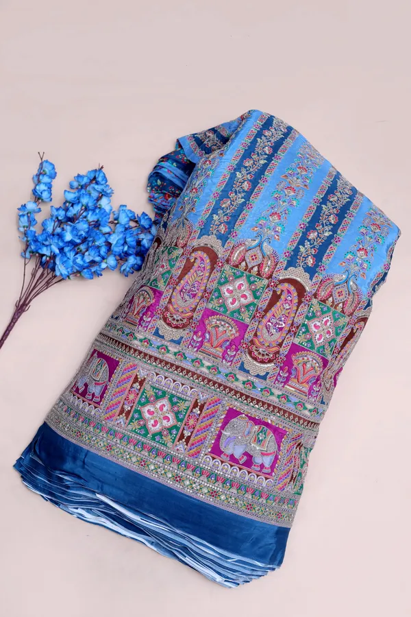 Natural_Crepe_Royal_Blue_Floral_Stripe_Placement_Print_Fabric_With_Ornamental_Border