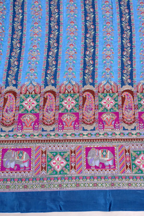 Natural_Crepe_Royal_Blue_Floral_Stripe_Placement_Print_Fabric_With_Ornamental_Border