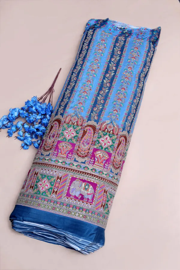 Natural_Crepe_Royal_Blue_Floral_Stripe_Placement_Print_Fabric_With_Ornamental_Border
