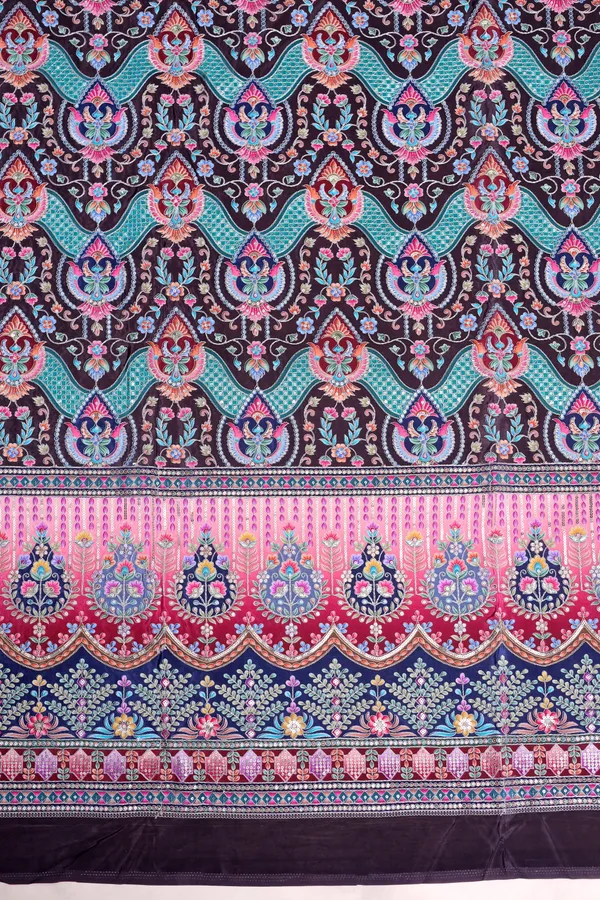 Natural_Crepe_Coffee_Brown_Floral_Geometric_Placement_Print_Fabric_With_Ornamental_Panel_Border