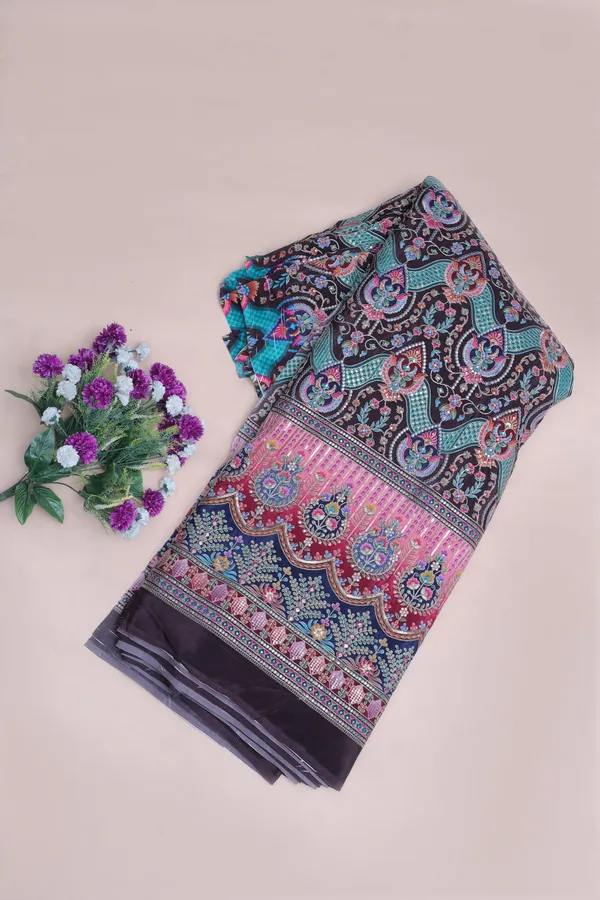 Natural_Crepe_Coffee_Brown_Floral_Geometric_Placement_Print_Fabric_With_Ornamental_Panel_Border