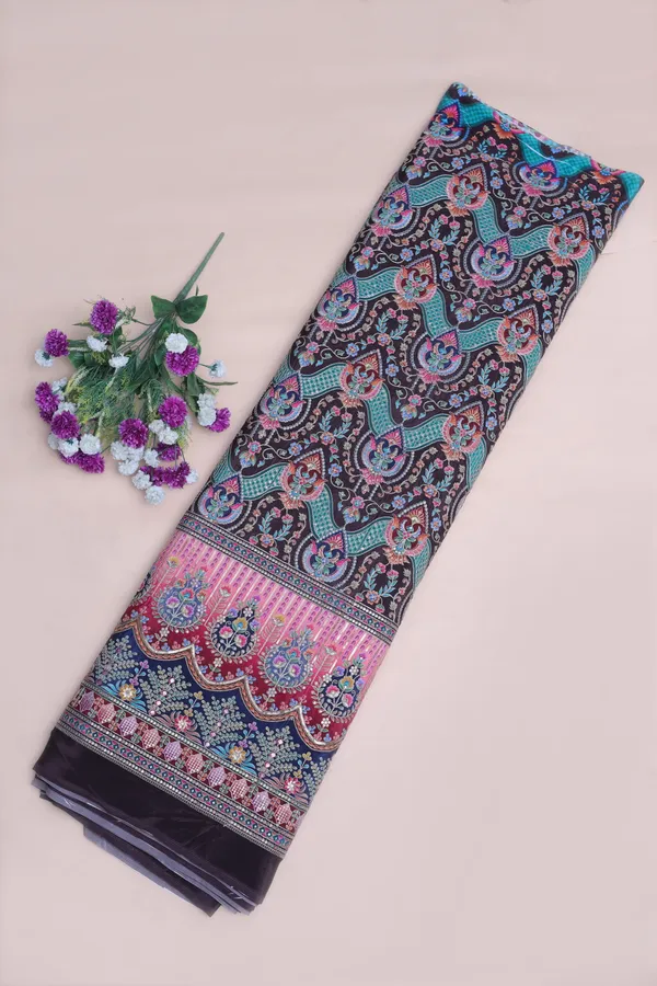 Natural_Crepe_Coffee_Brown_Floral_Geometric_Placement_Print_Fabric_With_Ornamental_Panel_Border