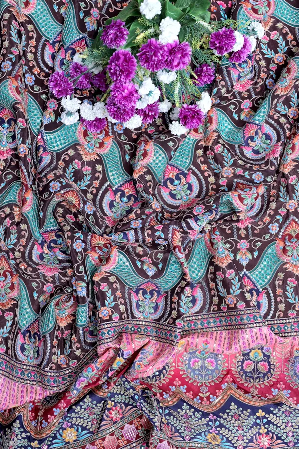 Natural_Crepe_Coffee_Brown_Floral_Geometric_Placement_Print_Fabric_With_Ornamental_Panel_Border