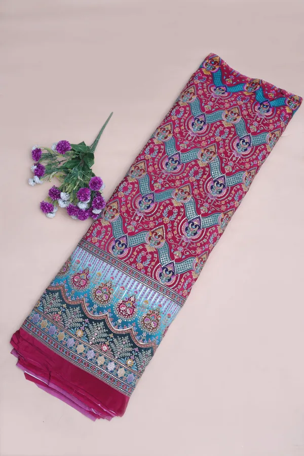 Natural_Crepe_Rani_Pink_Floral_Geometric_Placement_Print_Fabric_With_Ornamental_Panel_Border