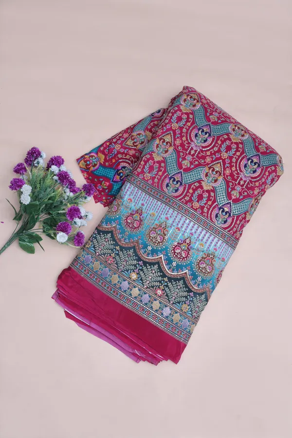 Natural_Crepe_Rani_Pink_Floral_Geometric_Placement_Print_Fabric_With_Ornamental_Panel_Border